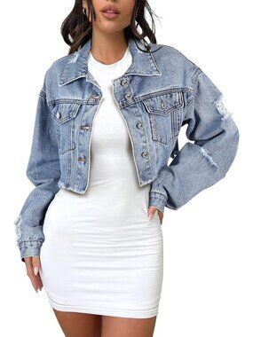 Women's Robbia Blue Cropped Jean Jacket Dressy Fashion Frayed Hem Denim Jacket